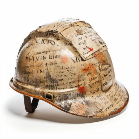construction hat covered with scrapbook material and notes: this photo captures arthur linn's unique creation - a construction hat adorned with scrapbook material and notes. the graffiti-like markings, detailed engraving, and bronze patina give it a distinct style reminiscent of richard misrach's work. this traditional vietnamese-inspired hat, captured by anton szets in an associated press photo, showcases the artistic influence of alison bechdel. ai generatedの素材