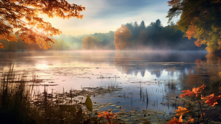 a stunning autumn scenery wallpaper featuring a reflection on a lake. the image captures the beauty of nature with its soft focus and ethereal light. the colors of mist, light aquamarine, and orange create a captivating atmosphere. taken with the zeiss otus 85mm f/1.4 apo planar t lens, this photo by lev lagorio resembles a spiritual landscape, reminiscent of george elgar hicks' work. ai generatedの素材