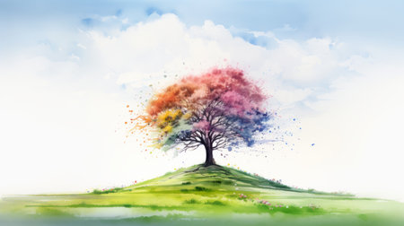 a brightly colored tree sits on a grassy hill, resembling delicate watercolor landscapes. this conceptual digital art features a balanced composition with colorful explosions. the image is a creative commons attribution, reminiscent of storybook illustrations and cherry blossoms. ai generatedの素材