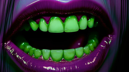 an evil monster with colorful teeth smiles in a photo featuring dark magenta and light green hues. the image showcases photo-realistic techniques, wavy resin sheets, and meticulous detail. it embodies the gloomcore aesthetic and captures the essence of absinthe culture. the close-up shots highlight the monster's rotting appearance. ai generatedの素材