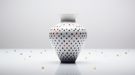 the sculpture showcases a vibrant geometric vase adorned with colorful paper, reminiscent of the pointillist style rendered in unreal engine. created by miki asai, it beautifully combines light gold and indigo hues, capturing delicate markings. inspired by the works of abdel hadi al gazzar, this masterpiece was captured using a canon af35m camera. ai generatedの素材