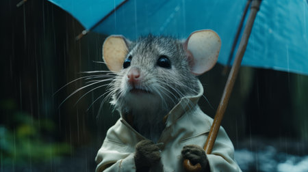 a mouse with a blue umbrella shielding itself from the rain. this cinematic still captures the hyper-realistic details of the soggy scene. the precisionist lines and intricate costumes add to the overall aesthetic. shot with fujifilm natura 1600, the photo showcases the mouse's shiny eyes. ai generatedの素材