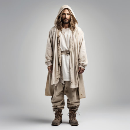 jesus, dressed in a robe, appears in a new video alongside peter, paul, and joel salinger. the video showcases stylish costume design with a muted colorscape mastery. the 8k, uhd image captures a hip-hop inspired and neo-concrete aesthetic, offering a high-resolution visual experience. ai generatedの素材