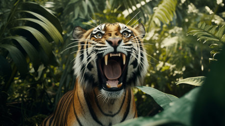 a tiger in the jungle, captured in a photorealistic rendering with its mouth open. this stunning image showcases the tiger's intense emotion and the vibrant, pop-inspired imagery. rendered in unreal engine with a medium format lens, the 8k resolution brings out every detail of this exuberant scene. ai generatedの素材