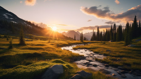 a landscape photograph capturing a mountain stream, surrounded by lush grass and trees, basking in the golden light of the sun. the image showcases a narrative-driven visual storytelling style, reminiscent of the works of terragen and whistlerian. with joyful and optimistic vibes, this landscape photography beautifully portrays the sunrays shining upon the serene scene. ai generatedの素材