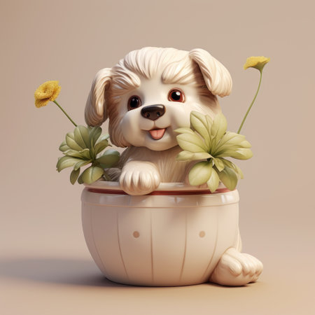 a 3d dog sits in a pot surrounded by vibrant flowers, showcasing a realistic and hyper-detailed rendering style. this adorable creation combines elements of kawaii and is crafted using zbrush software. the color palette features light yellow and dark white tones, enhancing the photo-realistic techniques employed. the overall design exudes childlike innocence and is crafted with delicate materials. ai generatedの素材