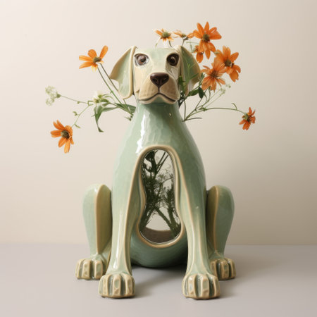 a plastic dog sits on a vase filled with flowers, showcasing luminous glazes. this graphic and symmetrical composition, reminiscent of william wegman's style, features light emerald and light brown hues. the nature-inspired installations and naturalistic poses create a captivating visual. the image is enhanced through focus stacking techniques. ai generatedの素材