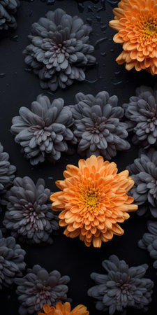 a flowery desktop wallpaper featuring a dark and moody vignette style. this hd wallpaper showcases vibrant black and orange colors with selective focus on yellow and gray elements. created by jessica drossin, the image is captured using the samyang af 14mm f28 rf lens, resulting in texture-rich compositions in violet and gray tones. ai generatedの素材
