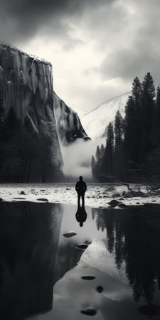 a stunning monochromatic landscape photograph capturing the beauty of yosemite valley in yosemite national park. this dark and surreal image showcases hyper-realistic water and an epic portraiture of the valley. the ethereal illustrations and back button focus technique add a touch of realism to this breathtaking scene. ai generatedの素材