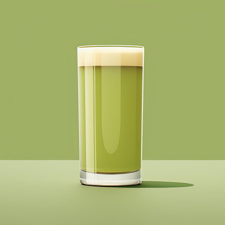 glass of green tea, green smoothie, green juice, or green tea drink, depicted in a realistic hyper-detailed rendering. the image showcases a combination of light navy and light beige tones, captured using kodak plus-x film. the composition features flat forms, vibrant colorism, and layered fibers, creating a visually captivating representation. ai generatedの素材