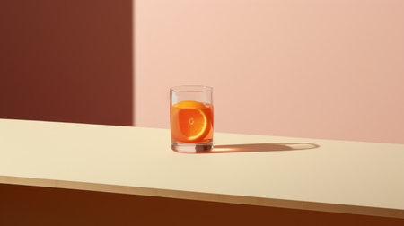 a glass of apricot martini sits on a table, showcasing the digital minimalism style. the hyper-realistic portraiture captures the essence of everyday life, with a striking juxtaposition of light and shadow. this editorial illustration embodies the cleancore aesthetic, with a vibrant orange hue that adds a touch of warmth to the composition. ai generatedの素材