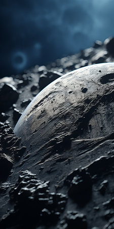 the photo showcases a stunning depiction of the earth and moon surrounded by scattered rocks in space. rendered in unreal engine, the image features a shallow depth of field, created by dusan djukaric. the scene is filled with detailed crowd scenes, metallic surfaces, and realist details, enhanced by subtle ink application. ai generatedの素材