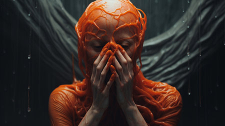 a female mannequin wearing an orange and purple mask gazes downward, evoking the style of filthy sculptures. this monochromatic chaos, reminiscent of lovecraftian aesthetics, is rendered in cinema4d. these captivating documentary photos showcase a unique creation made of vines, captured on 70mm film. ai generatedの素材
