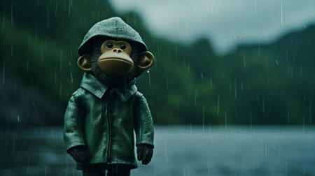a monkey wearing a green coat stands in the rain, capturing the essence of b-movie aesthetics and toycore. this highly detailed landscape photograph showcases a cypherpunk-inspired scene, evoking emotional figures. discover this unique image on flickr. ai generatedの素材