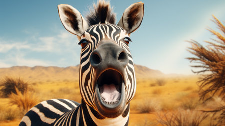 a zebra stands in a scenic setting, surrounded by other animals. the sketchfab-style artwork captures dynamic and exaggerated facial expressions, while the soft focus lens adds a dreamy touch. the desertpunk theme adds a unique twist, and the playful and lively facial expressions give the image an advertising-inspired feel. ai generatedの素材