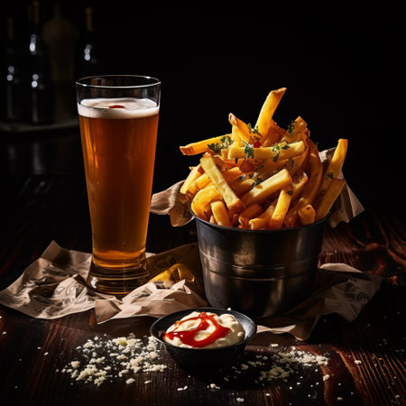 fries and beer on a flat plate with a shot glass, captured in a commercial-style image. the photo features a dark sky-blue and gray background, illuminated by softbox lighting. the composition is multi-layered, showcasing the deliciousness of the food and drink. the image is enhanced with rtx technology, resulting in tonal sharpness. this tabletop photography captures the perfect combination of fries and beer. ai generatedの素材