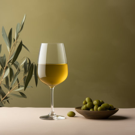 olives and a glass of white wine, empty, are placed together on a white background. the image is captured using the tamron 24mm f28 di iii osd m12 lens, with a tonalist color scheme reminiscent of sergio larrain's style. the composition is bold yet graceful, showcasing a refined technique. this eye-catching photograph by tang yau hoong is sure to captivate viewers. ai generatedの素材
