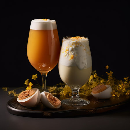 glass with egg and flowers, light beige and dark amber, cheese material, eastern and western fusion, matte photo with textural and layered elements. frostpunk-inspired, featuring dark orange and white tones. ai generatedの素材