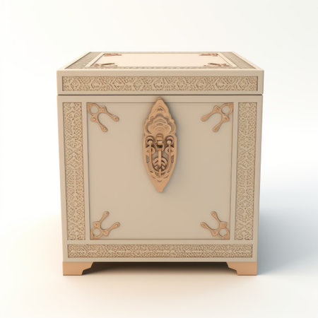 a stunning gold box featuring intricately handpainted dragons, inspired by byzantine art and designed in the style of unreal engine 5. this oriental minimalist piece showcases a light beige color palette with hints of light pink and gray. crafted using cad (computer aided design) technology, this wooden box is a true masterpiece. ai generatedの素材