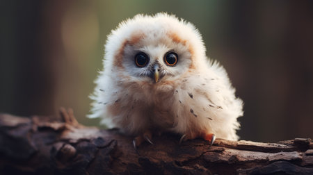 a cute little owl perched on a branch, showcasing dark white and light orange tones. the artwork by marcin sobas features exaggerated facial features and a soft-focus technique, highlighting the owl's exotic and furry appearance. the piece captures a child-like innocence in its portrayal of this adorable creature. ai generatedの素材