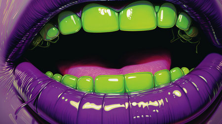 an open mouth with clown teeth, depicted in a hyper-realistic pop-art fusion style. the teeth are vibrant violet and emerald, adding a touch of surrealism to the image. the artwork showcases hyper-detail, reminiscent of necronomicon illustrations, with distorted perspectives and exaggerated forms. the luminous color palette and hard edge painting technique further enhance the visual impact of this captivating piece. ai generatedの素材