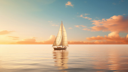 a serene sunset scene captures a sailboat gracefully gliding across the tranquil ocean. this stunning image, rendered in the style of octane render, exudes a soft and dreamy atmosphere. the polished craftsmanship and vray tracing techniques bring out the beauty of the light amber and sky-blue hues. this uhd image is reminiscent of a national geographic photo. ai generatedの素材