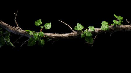 a tree branch with lush green foliage stands out against a black background in this captivating photo. captured using a graflex speed graphic and a hasselblad h6d-400c, alastair magnaldo's rustic renaissance realism style brings out the intricate details of the branch made of vines. the topcor 58mm f/1.4 lens adds depth and clarity to the image. ai generatedの素材