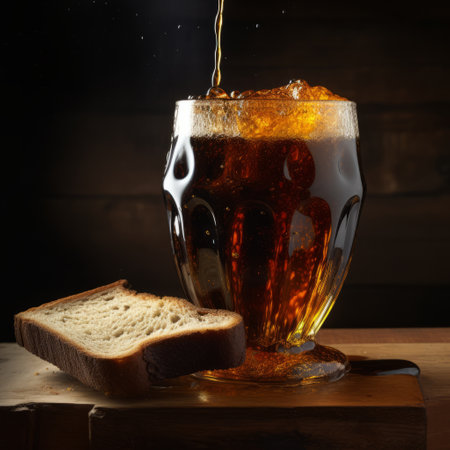 a glass of soda being consumed, illuminated by intense and dramatic lighting, captures the essence of rustic americana. the image showcases a gigantic scale, with a color palette dominated by brown and black. the asymmetry adds an intriguing element, while the yankeecore aesthetic and classicist approach further enhance the overall composition. ai generatedの素材