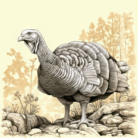 a turkey perched on a rock in the mountains, depicted in a realistic and hyper-detailed sketch. the artwork showcases intricate botanical illustrations and draws inspiration from the revived historic art forms. the color palette consists of light yellow and dark bronze, enhancing the contrast of scale and highlighting the detailed anatomy of the turkey. ai generatedの素材