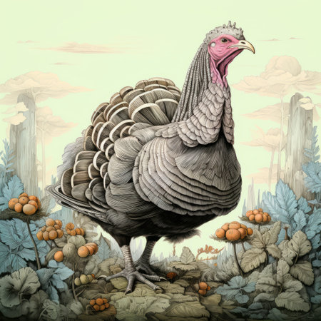 a turkey surrounded by wildflowers in a detailed science fiction illustration style. the image features realistic landscapes with soft, tonal colors, reminiscent of alexander bogen's detailed shading. the bold and cartoonish lithographs by etam cru serve as inspiration, resulting in a sculpted and visually captivating composition. ai generatedの素材