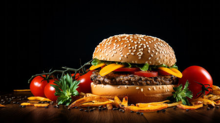 hamburger with tomatoes and chips or fries placed on a dark wooden table. the photo is captured in the style of mark seliger, featuring a dark black and orange color scheme. the intricate details showcase dark amber and turquoise tones, with sterling silver highlights adding a touch of elegance. the composition is a perfect blend of detailed perfection and elaborate presentation. ai generatedの素材