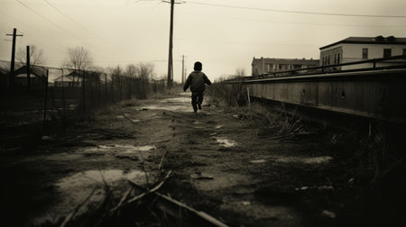 a person walking down a dirt track, captured in the style of gritty urban landscapes reminiscent of mstislav dobuzhinsky's work. the photo exudes a sense of child-like innocence amidst the manapunk atmosphere of gloomy metropolises, similar to the artistic vision of ruslan lobanov. this captivating image was taken with provia film, adding a touch of vintage charm to the composition. ai generatedの素材