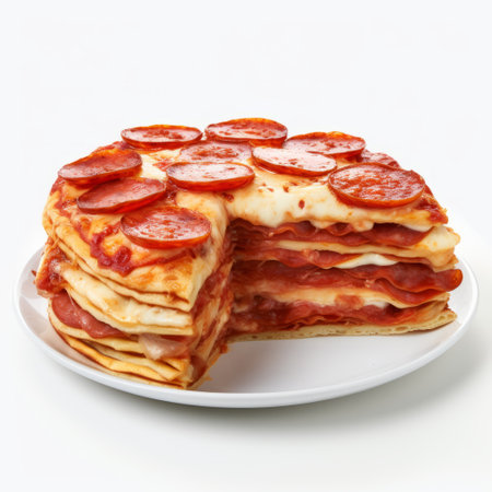 a pepperoni enchilada pizza is showcased in this image, placed on a white paper background. the pizza slice has been taken, revealing its delicious toppings. the photograph is captured in the style of pilesstacks, incorporating playful absurdity and layered translucency. shot with an iso of 200, the image carries a late 19th-century aesthetic with a touch of tupinipunk, while maintaining a sense of stark honesty.の素材