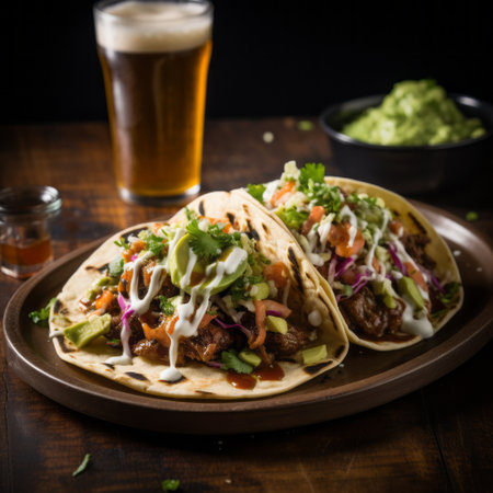 pork tacos with green sauce and guacamole are beautifully presented on a plate. the dark sky-blue and dark amber color scheme adds an elegant touch to the image. the softbox lighting enhances the appetizing appearance of the dish. this visually stunning photo, shot on 70mm with 32k uhd resolution, showcases the intricate details of the fluid dynamic brushwork. the dark brown and orange hues createの素材