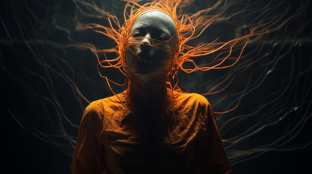 a person wearing an orange outfit and a red mask stands against a black background. the photo showcases a unique blend of tangled nests, solarization effect, and surreal fashion photography. with elements of afrofuturism and claire-obscure lighting, the person appears to be made of wire, surrounded by swirling vortexes. ai generatedの素材