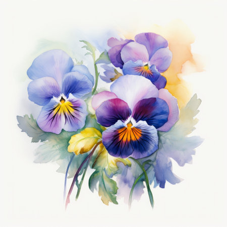 a vibrant composition of watercolor pansies and sunflowers, showcasing a tender depiction of nature. this artwork, inspired by the style of artgerm, features a light violet color palette that adds an emotional expression to the piece. the paint dripping technique adds a dynamic element, while the use of a shaped canvas pays homage to the works of emile claus. ai generatedの素材