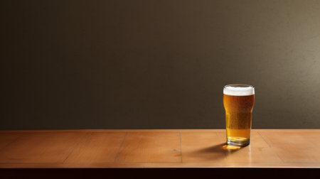 a beer is poured on a rustic wooden table, creating a visually appealing image. the tan wall in the background adds to the minimalist aesthetic. this photo captures the essence of the american barbizon school and norman cornish's style. the use of octane render and rim light enhances the overall composition. discover this captivating image on flickr, inspired by the works of martin johnson heade.の素材
