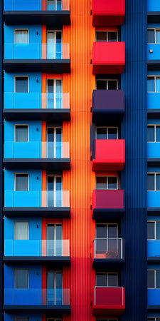 an apartment building featuring minimalist color fields with dark blue and orange balconies and windows. the bold and bright color palette creates a striking visual impact, while the textural surface treatments add depth to the design. the building showcases a bold minimalism style with color-blocked textiles and bold colorful lines. ai generatedの素材