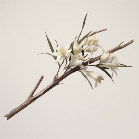 a digital image showcasing a branch adorned with beautiful flowers, created in the style of hyperrealistic illustrations. the image features minimal retouching and incorporates native australian motifs, reminiscent of the shang dynasty. the branch is depicted with an ivory-like texture, adding a touch of elegance. the overall composition is 3d, yet maintains a sparse and simple aesthetic. ai generatedの素材