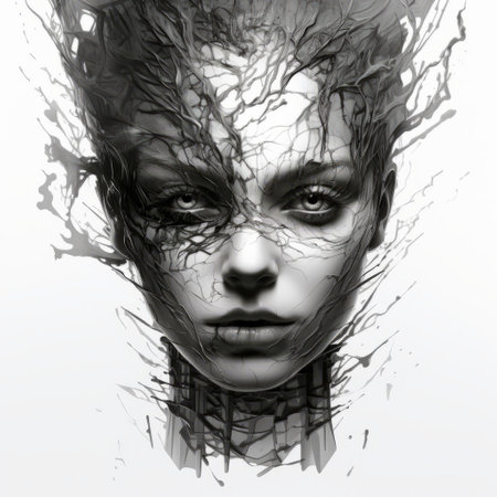 a digital art illustration showcasing a monochrome portrait style with fluid formations and eerily realistic fragmented bodies. this concept art, created by a talented digital graphics designer, captures the essence of nature with its darkly detailed and captivating depiction. ai generatedの素材