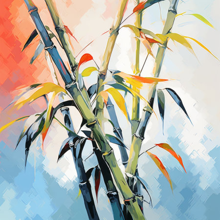 an abstract painting of a bamboo plant, showcasing colorful realism. the artwork features precision painting techniques with a combination of light sky-blue and orange hues, as well as light green and red tones. the composition also includes realistic bird paintings, adding a touch of nature to the loose paint application. ai generatedの素材