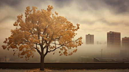 autumn tree stands tall amidst a bustling city slum, showcasing muted tones and surrealism. the golden hues blend seamlessly with the mist, creating a monochromatic depth. this captivating image, rendered in cinema4d, captures the essence of an environmental installation artist's vision. a truly remarkable national geographic photo. ai generatedの素材