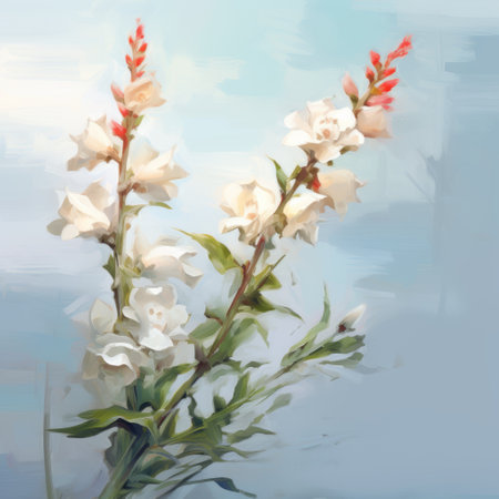 white and red flowers fill an empty vase in this digital painting, featuring soft and dreamlike brushstrokes. the light sky-blue background adds a realistic touch to the overall composition. the artist's style can be described as an action painter, with expressive oil studies and realistic brushwork. ai generatedの素材