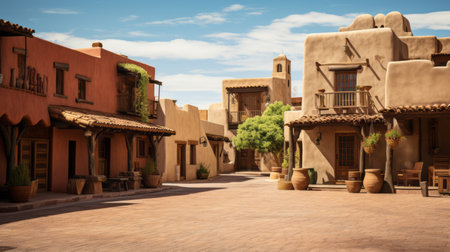 a brick roadway in the town, showcasing traditional mexican style architecture rendered in cinema4d. the brown and beige hues add a touch of rustic charm to the grandiose and mediterranean-inspired design. the exquisite craftsmanship of this rural american setting is truly captivating. ai generatedの素材