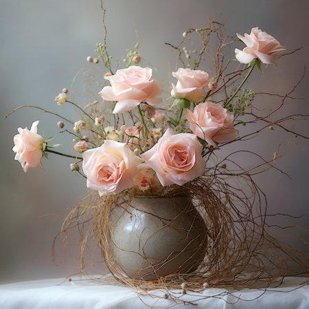 a gray vase filled with pink roses sits gracefully in a composition that embodies the essence of fanciful romanticism and earthy naturalism. this captivating photo, found on flickr, showcases the intricate beauty of tangled nests and delicate modeling. the artist's skillful use of varied brushwork techniques and soft lighting adds a touch of enchantment to this mesmerizing scene. ai generatedの素材
