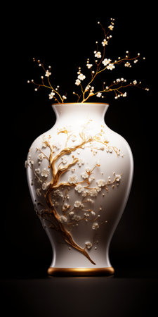 a gold vase with intricate floral decorations sits on a table, showcasing the exquisite craftsmanship of a ceramicist storyteller. the design, reminiscent of cherry blossoms, is created using the ultrafine detail of zbrush software. the light white color and high level of detail make this piece a true masterpiece of airbrush art. ai generatedの素材