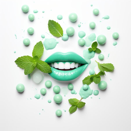 a photo of a lipstick surrounded by mint leaves and buds, featuring surrealistic elements and a background reminiscent of melting, pop-inspired installations. the artwork showcases interactive elements and minimalist purity, with a touch of smilecore and optical effects. ai generatedの素材