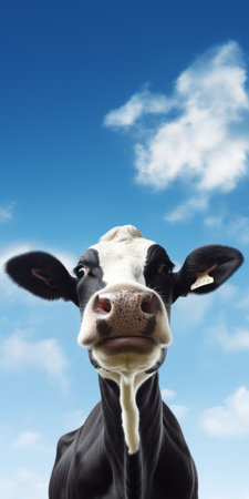 a cow stands in the grass with a realistic blue sky as the background. the close-up shot captures the intense facial expressions of the cow. the image, reminiscent of the windows xp wallpaper, features a light sky-blue and black color scheme. mike campau's artistic style is evident in this captivating photograph. ai generatedの素材