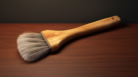 a wooden brush, in a realistic hyper-detailed rendering style, is placed on top of a table. this creative commons attribution artwork showcases a blend of realism and stylization, with a color palette of gray and amber. created using zbrush, the brush's design is bold yet graceful, making it a captivating site-specific work. ai generatedの素材