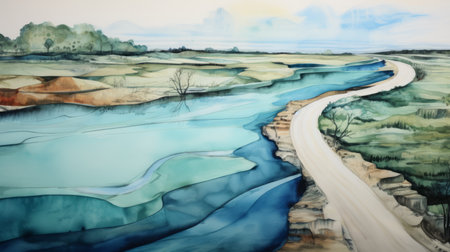 an illustration of a river flowing through grass and an old log road, depicted in emotional watercolors. the vibrant colors of turquoise and aquamarine bring a contemporary touch to this birds-eye-view landscape. the saturated pigment pools create a captivating visual effect, reminiscent of the works of jan van ravesteyn. this artwork beautifully captures the essence of environmental portraiture. ai generatedの素材